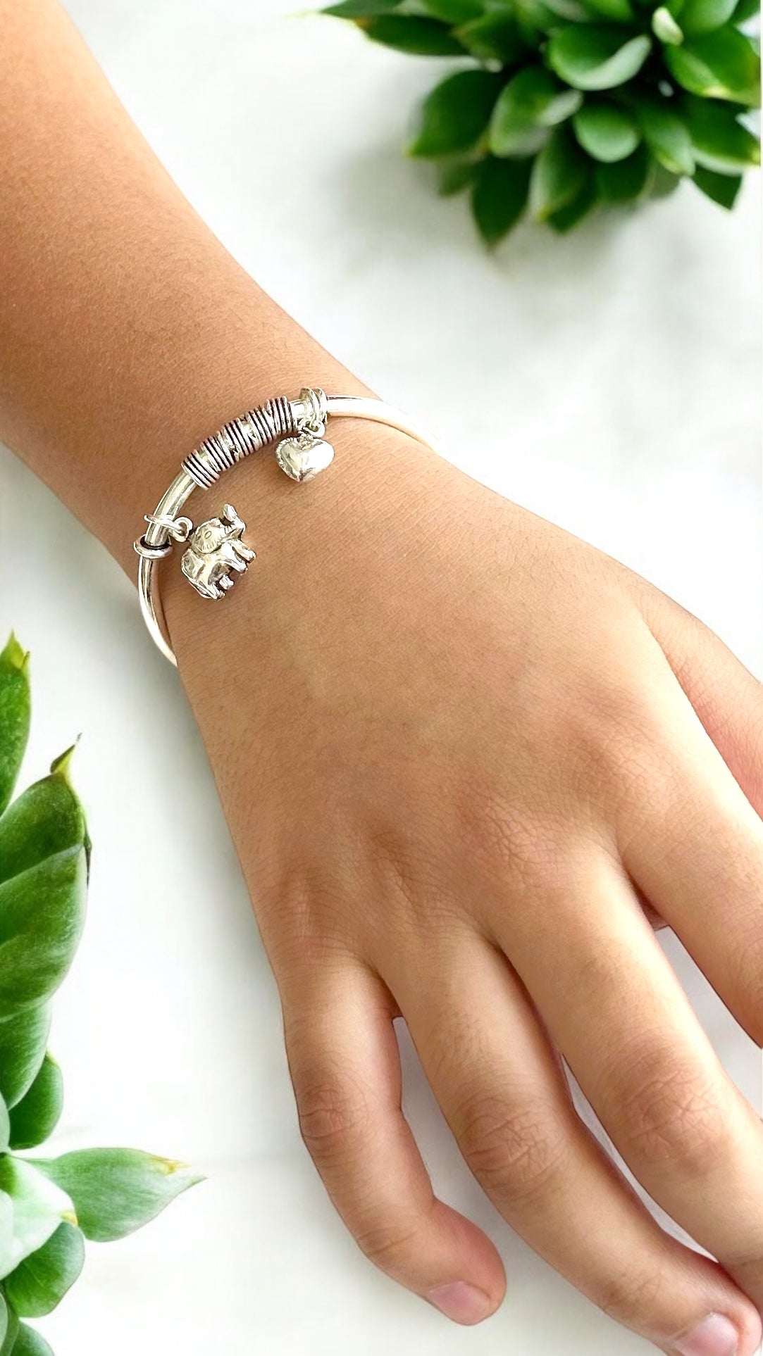 Aadhiyaan • ஆதியான் • 925 Silver Children Kada with Elephant & Heart Charms • Single Piece