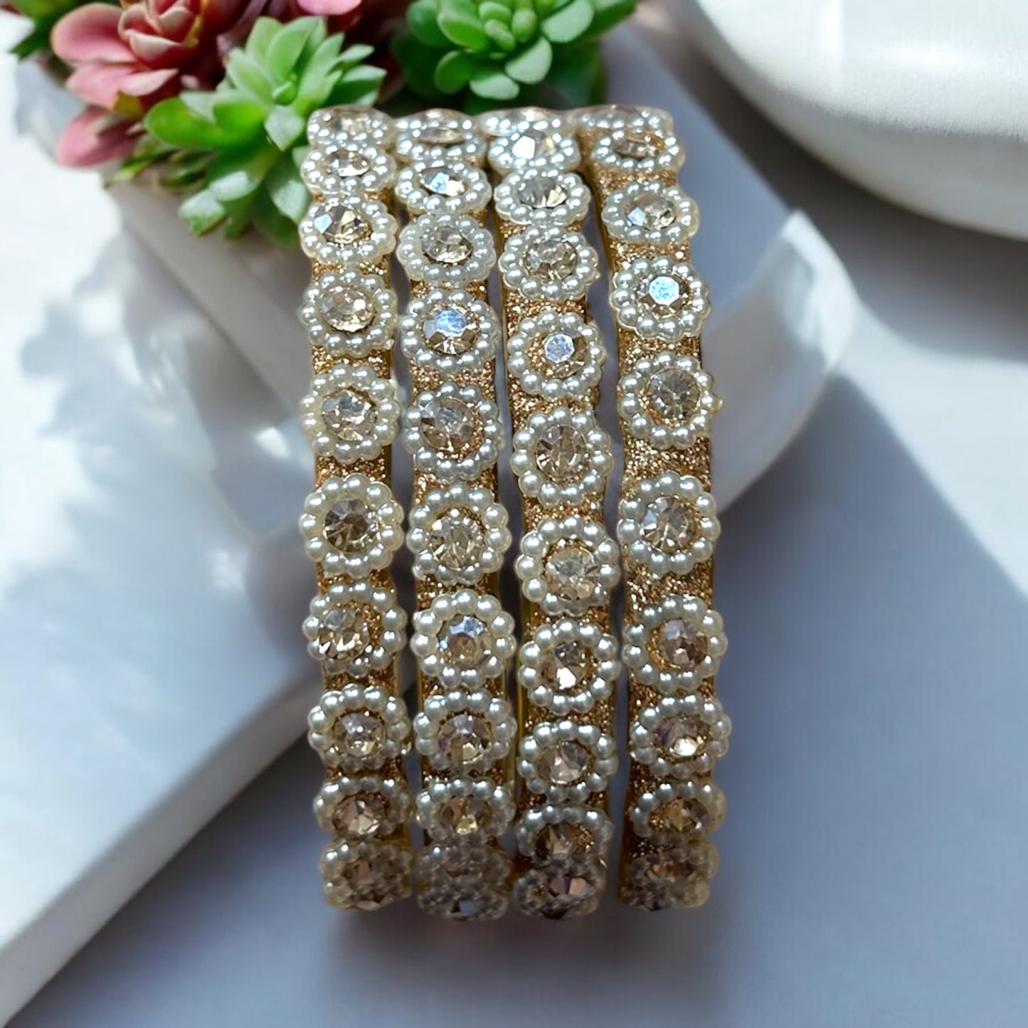 Malarvizhi • மலர்விழி • Pearl-Embellished Glass Bangles | Set of 4