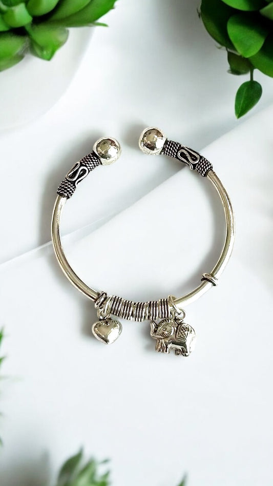 Aadhiyaan • ஆதியான் • 925 Silver Children Kada with Elephant & Heart Charms • Single Piece