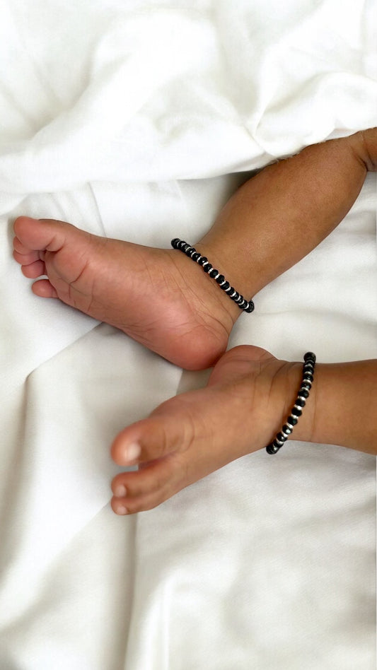 Aruvi • அருவி • 925 Silver Baby Anklets • Silver& Black Beads • 1 Pair