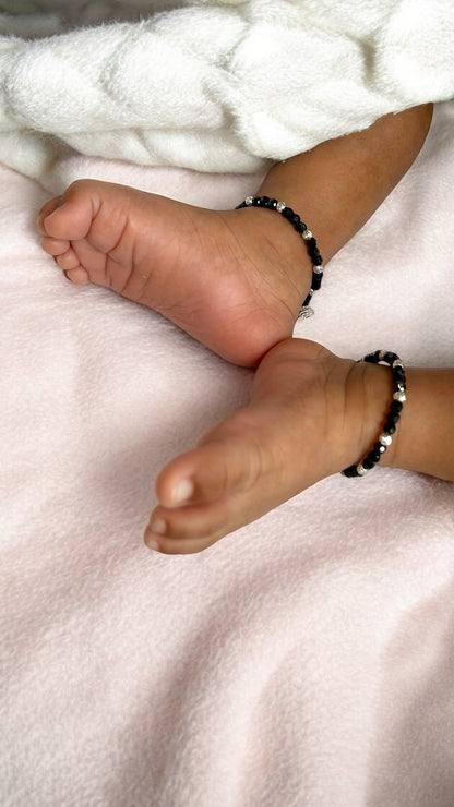 Mithu • மிது • 925 Silver Baby Anklets • Silver & Black Beads • 1 Pair