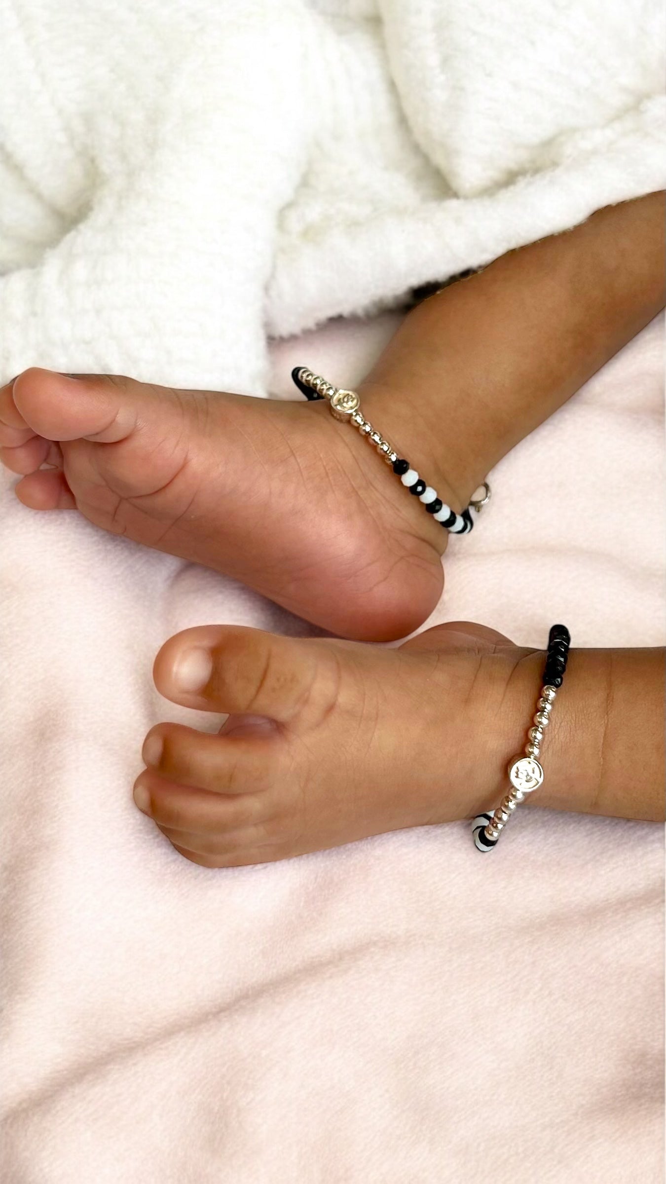 Abinaa • அபினா • 925 Silver Baby Anklets • Silver, White & Black Beads with Rose Charm • 1 Pair