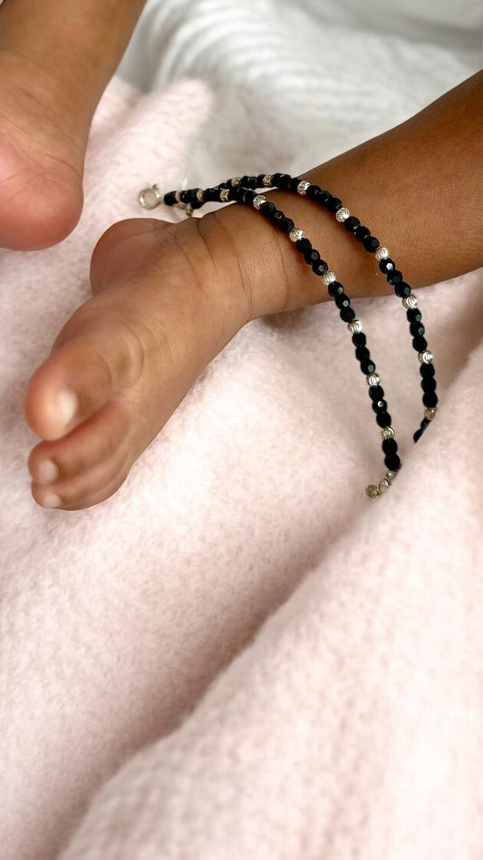 Mithu • மிது • 925 Silver Baby Anklets • Silver & Black Beads • 1 Pair