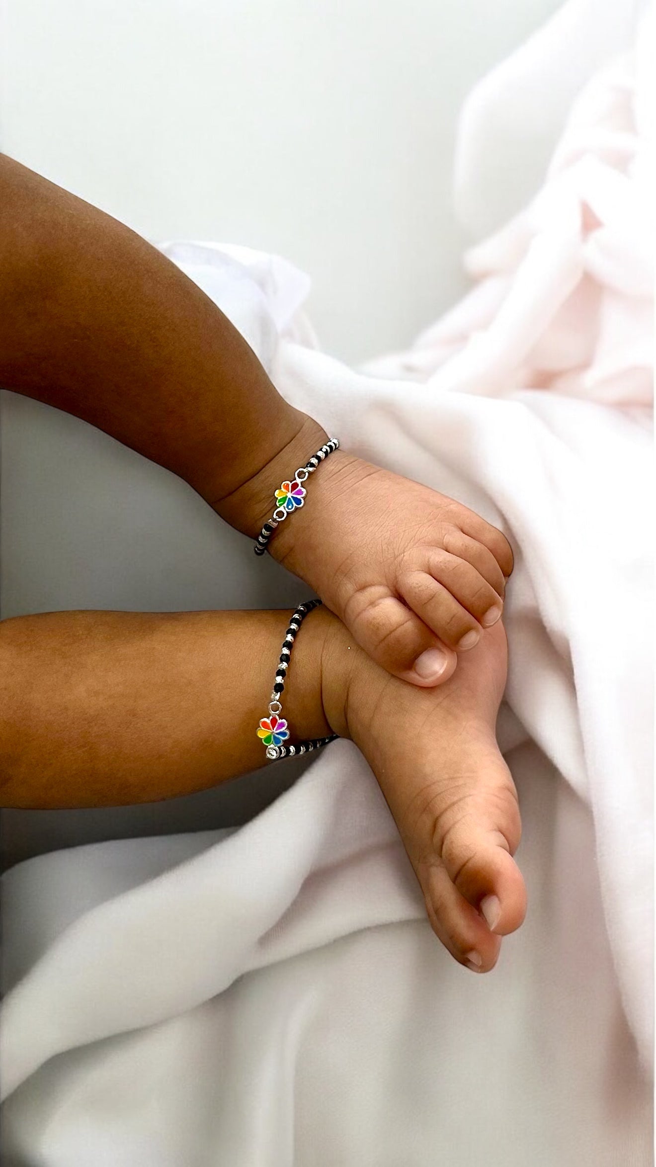 Vaani • வானி • 925 Silver Baby Anklets • Silver & Black Beads with Rainbow Flower • 1 Pair