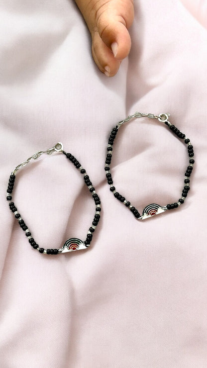 Vaanavil • வானவில் • 925 Silver Baby Anklets • Silver & Black Beads with Rainbow • 1 Pair