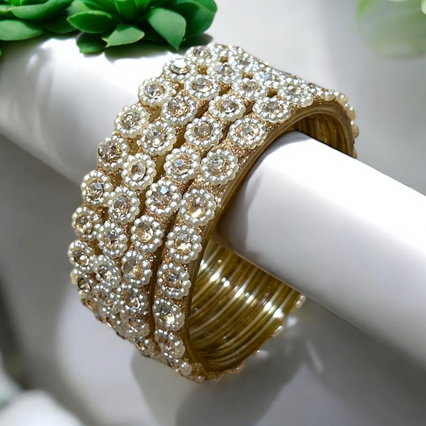 Malarvizhi • மலர்விழி • Pearl-Embellished Glass Bangles | Set of 4