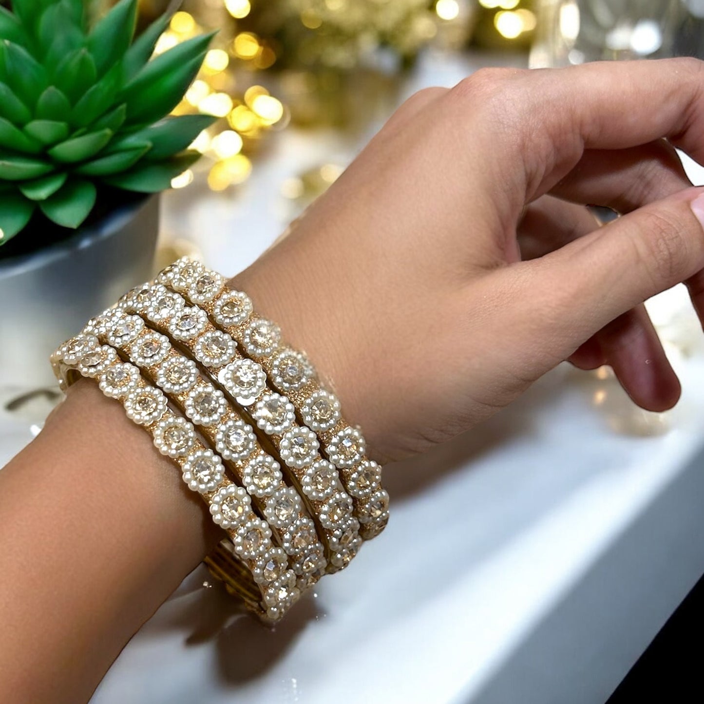 Malarvizhi • மலர்விழி • Pearl-Embellished Glass Bangles | Set of 4