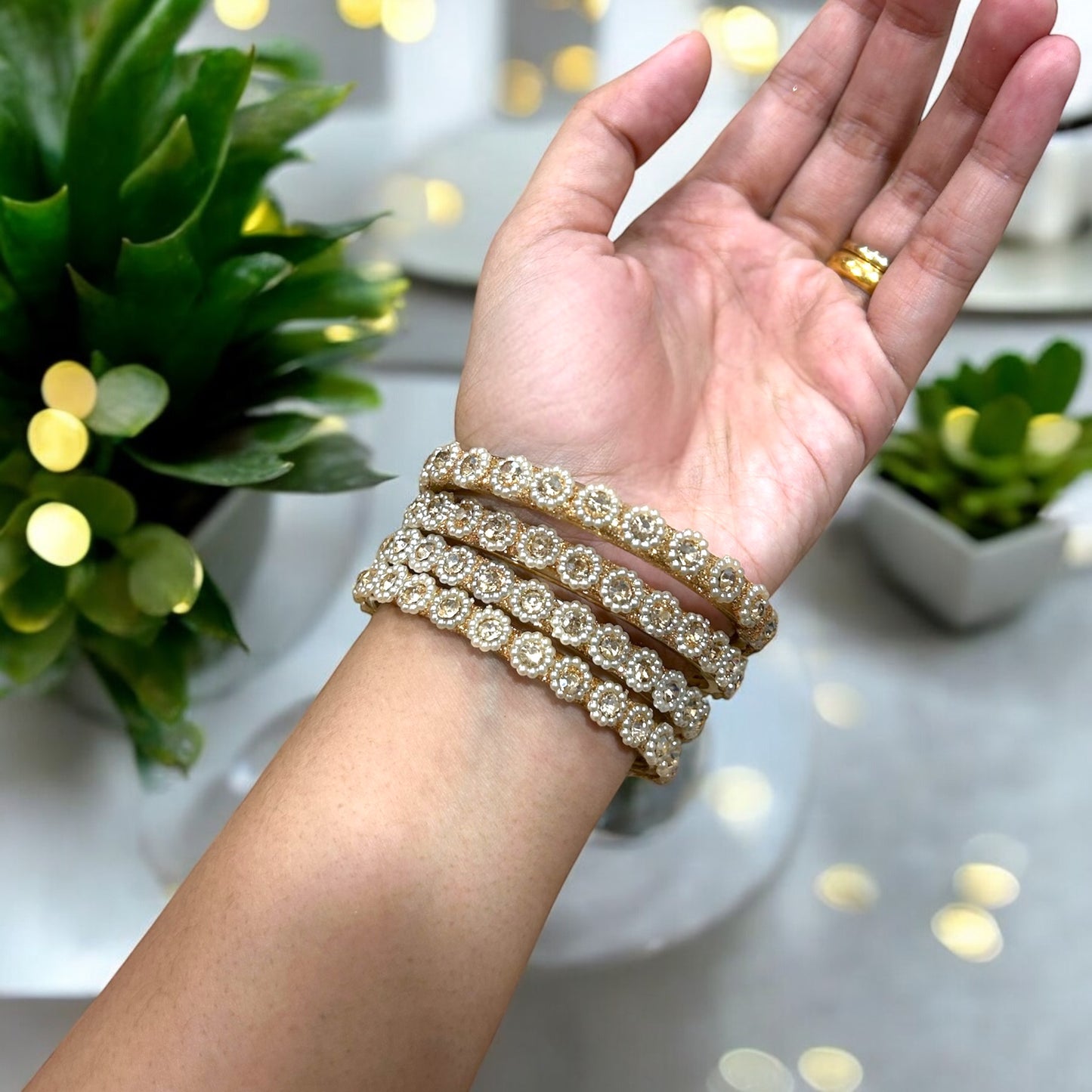 Malarvizhi • மலர்விழி • Pearl-Embellished Glass Bangles | Set of 4