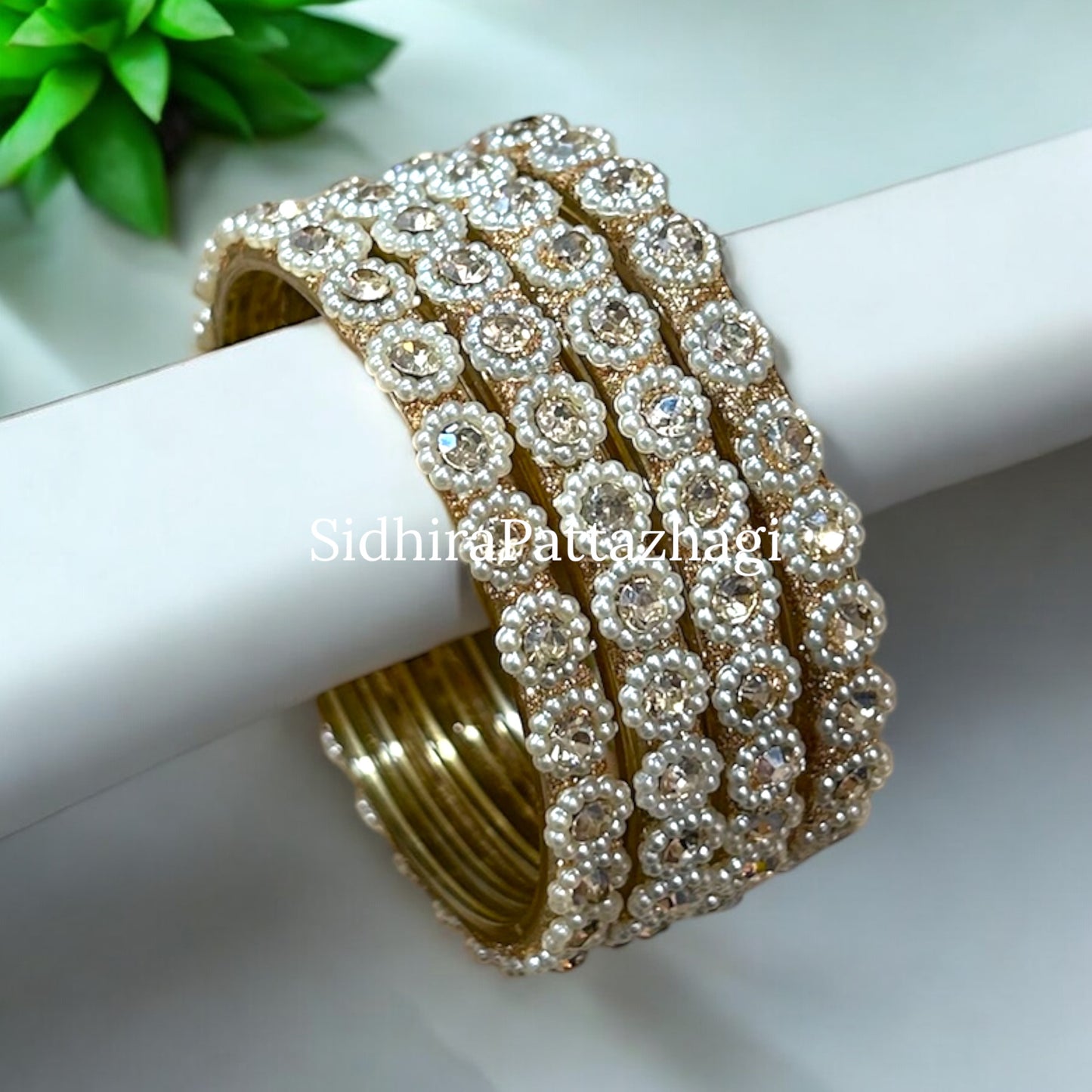 Malarvizhi • மலர்விழி • Pearl-Embellished Glass Bangles | Set of 4